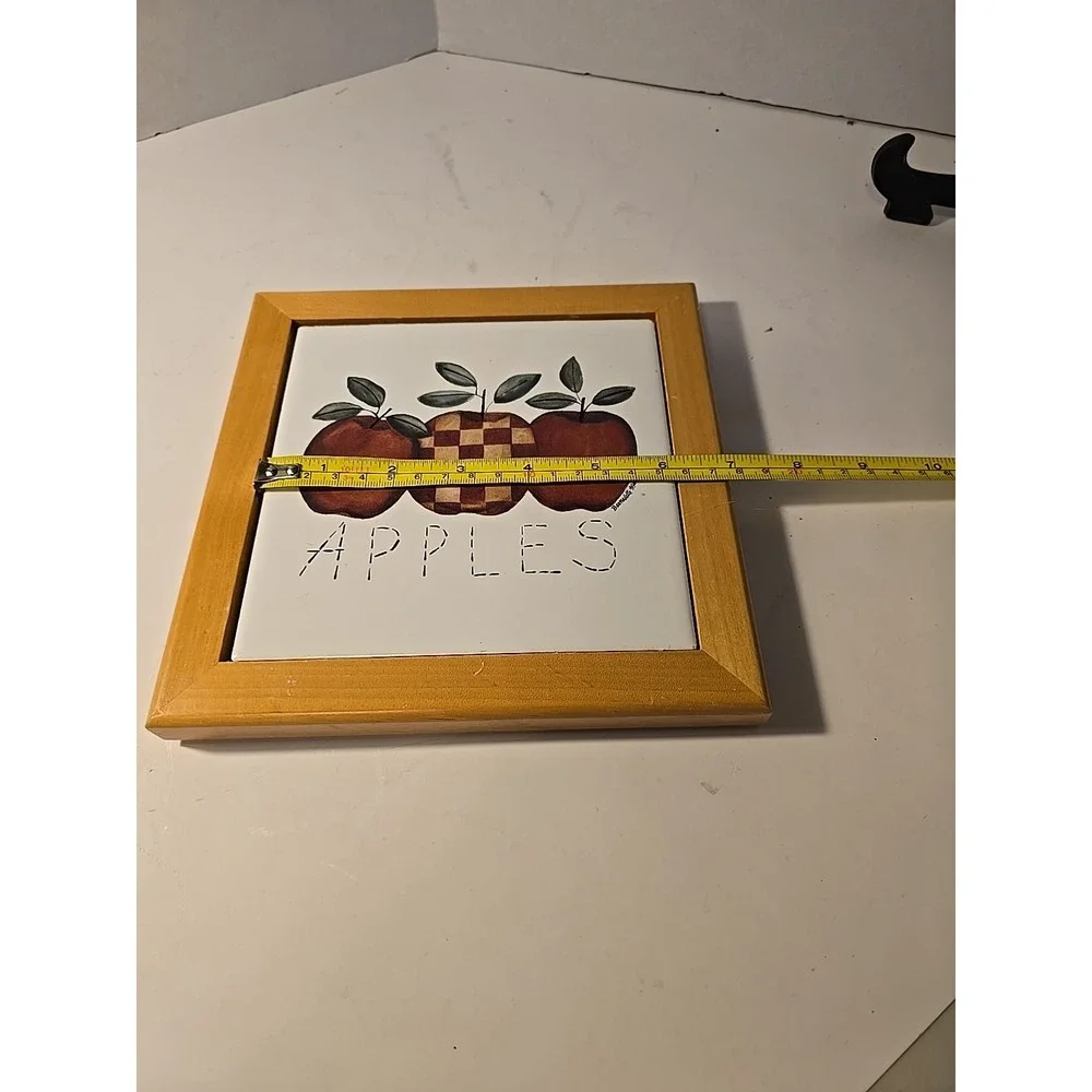 Vintage Apples Wood Trimmed Ceramic Trivet Kitchen Decor Country Hotpad Checker